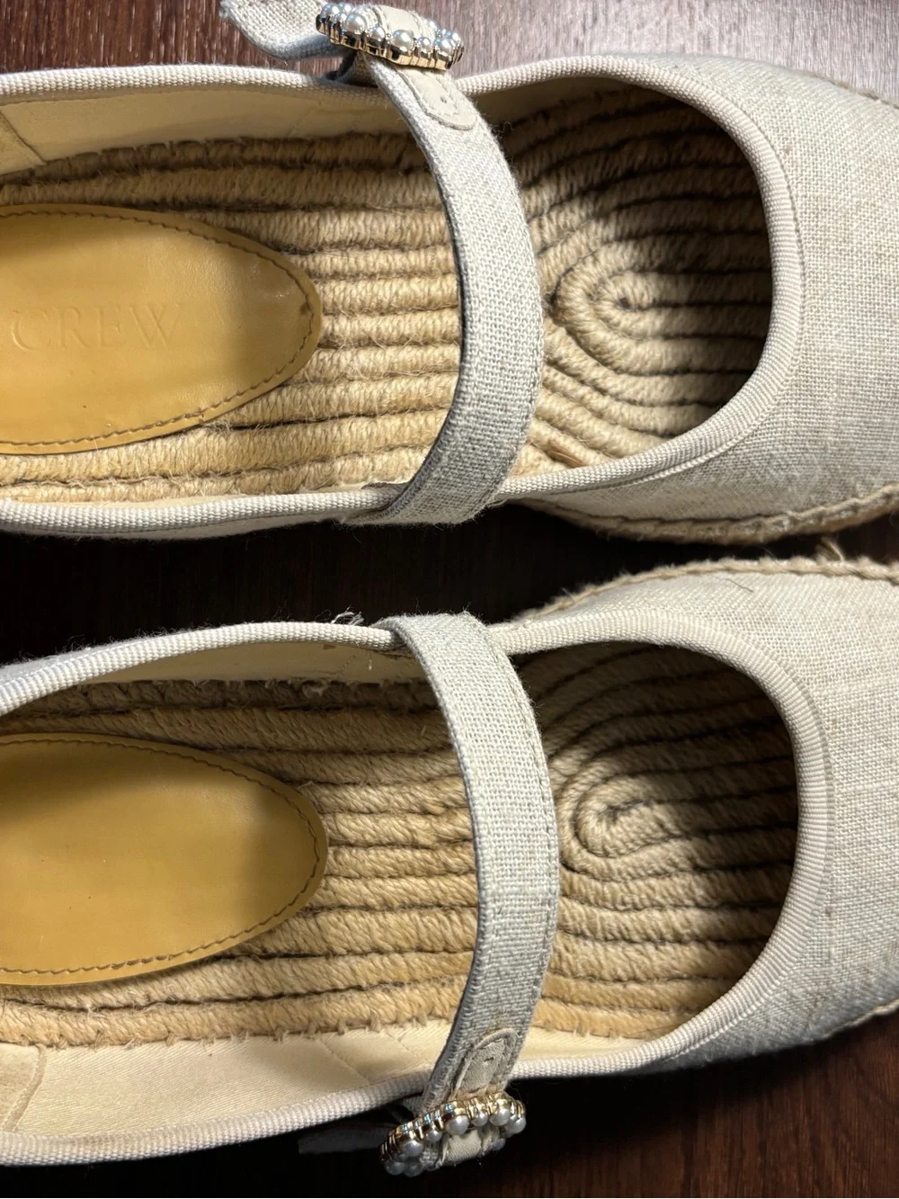 J. Crew Linen Espadrille Mary Jane Flats Jeweled Buckle Beige 7.5